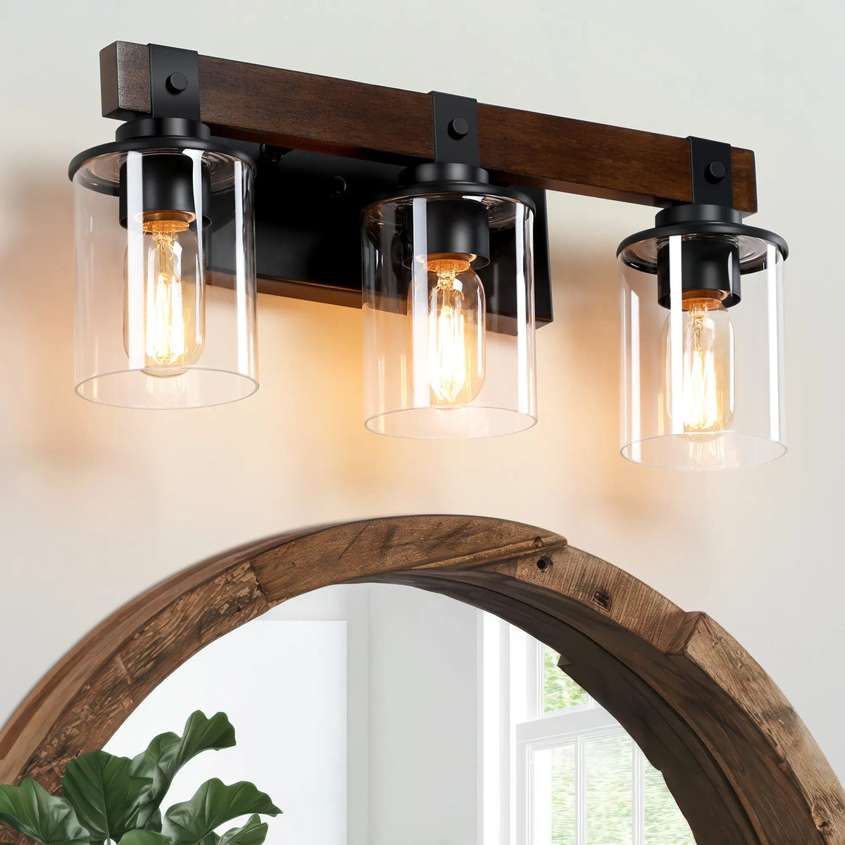 Three-Light Wood and Glass Vanity Wall Sconce