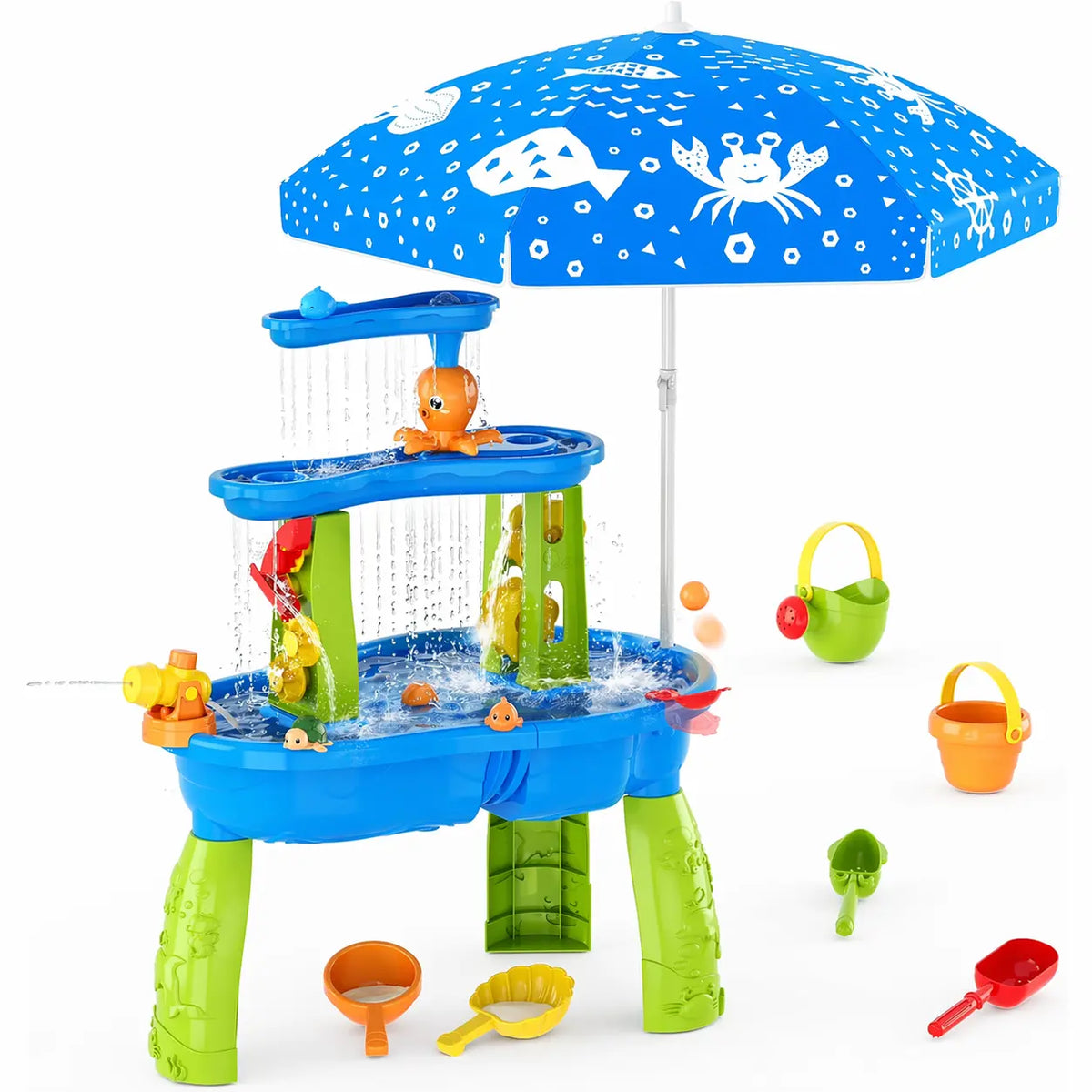 Blue and Green Plastic Water Play Table with Umbrella