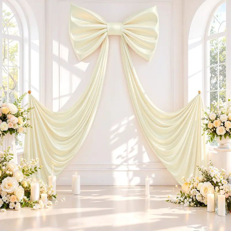 Large Cream Satin Bow Backdrop with Draped Streamers