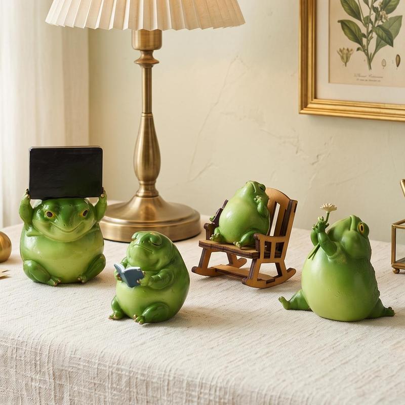Green Frog Figurines With Wooden Rocking Chair