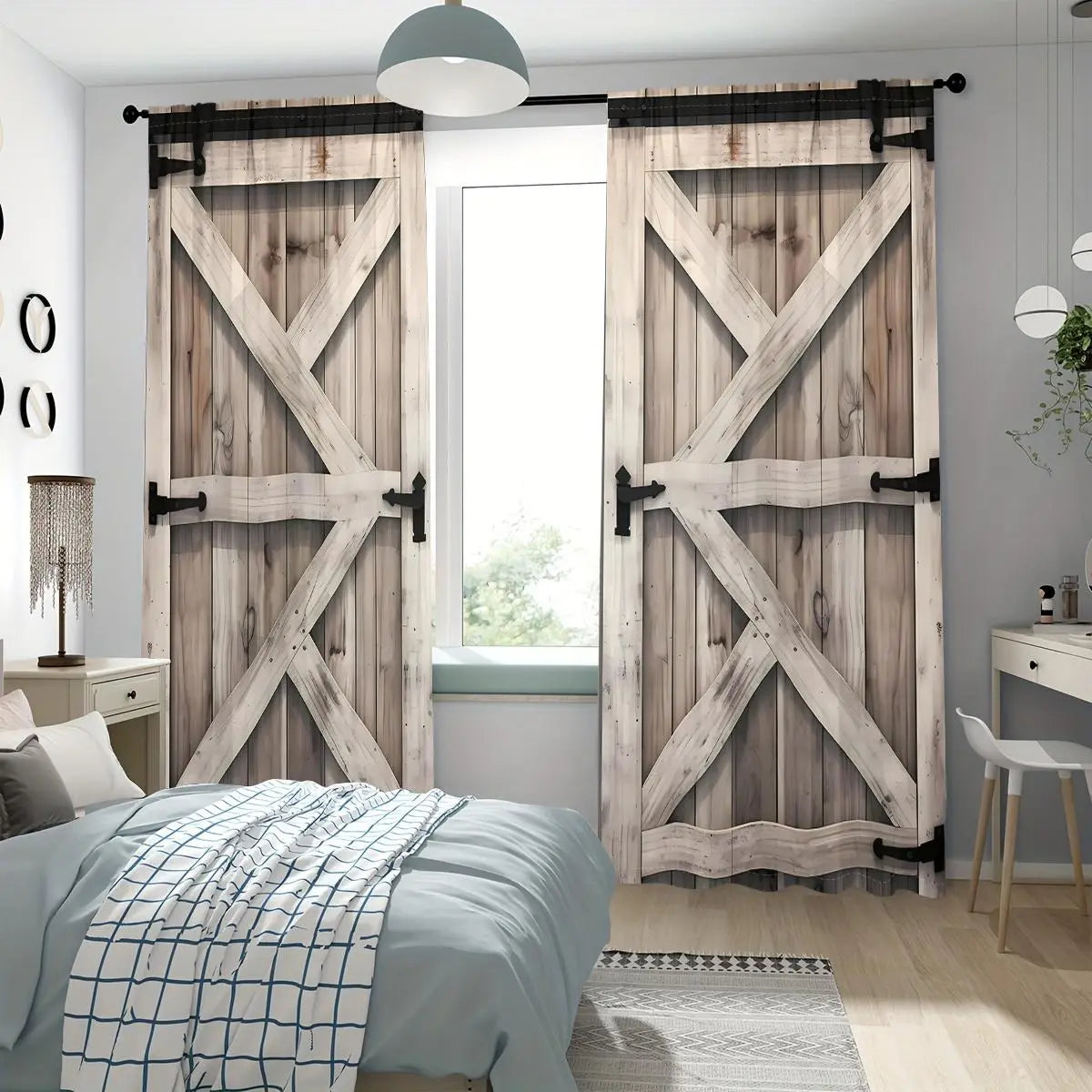 Rustic Barn Door Print Curtain Panel Pair