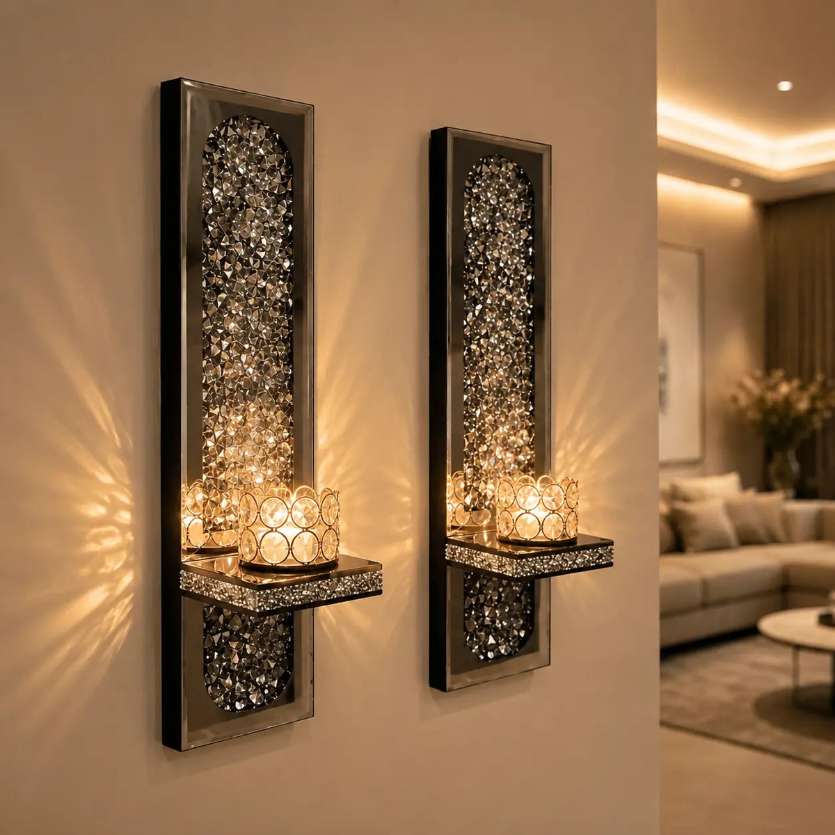 Pair of Crystal Wall Sconces with Candle Shelves