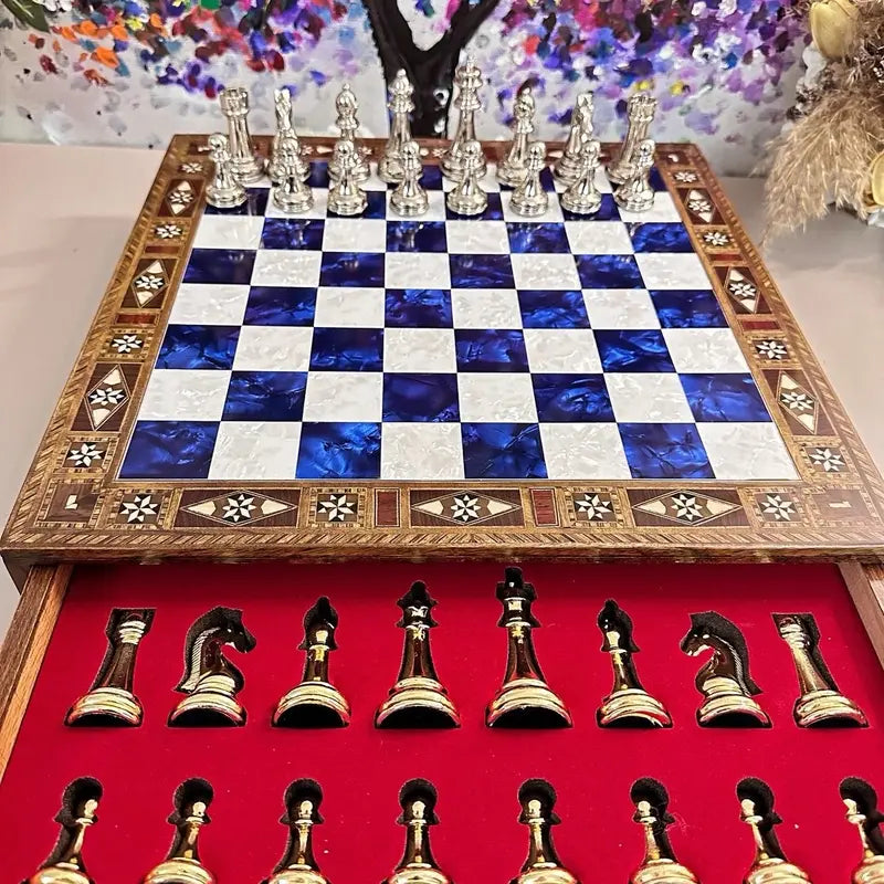 Wooden Chess Set with Inlaid Border and Metal Pieces