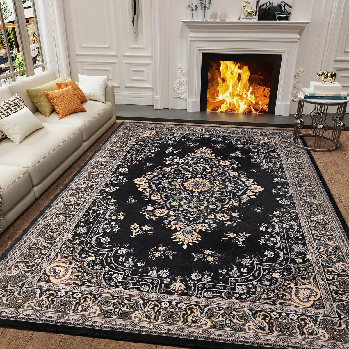 Black Medallion Pattern Area Rug with Border