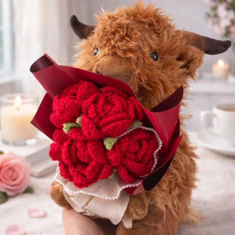Plush Highland Cow Toy with Red Crochet Roses