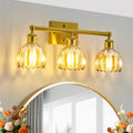 Three-Light Gold Wall Fixture with Ribbed Amber Glass