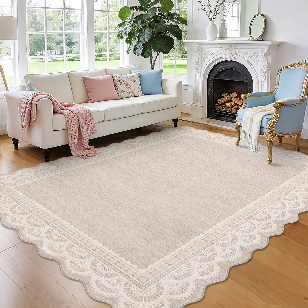 Beige Area Rug with Scalloped Lace Border