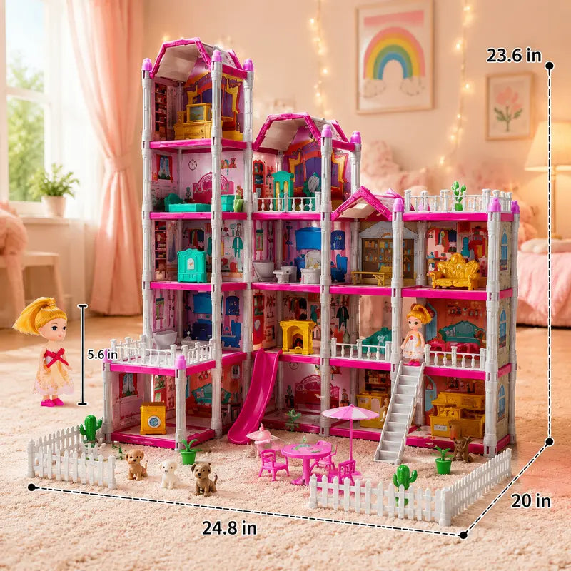 Multi-Storey Pink Dollhouse Playset with Furniture