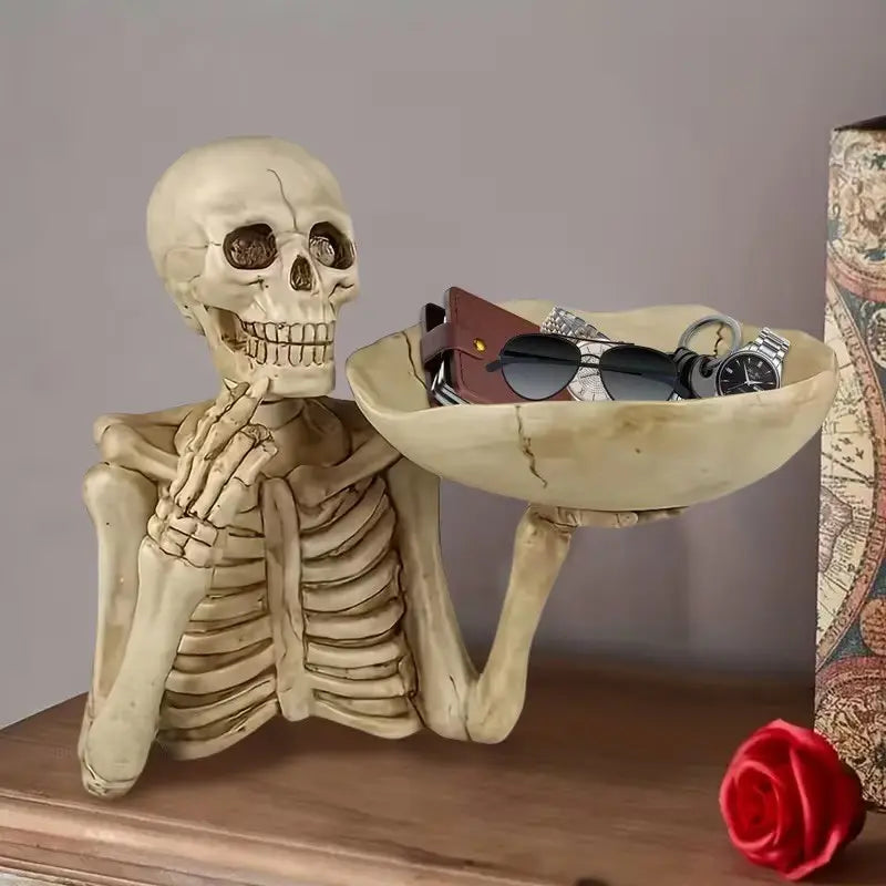 Resin Skeleton Bust Holding Open Catchall Bowl