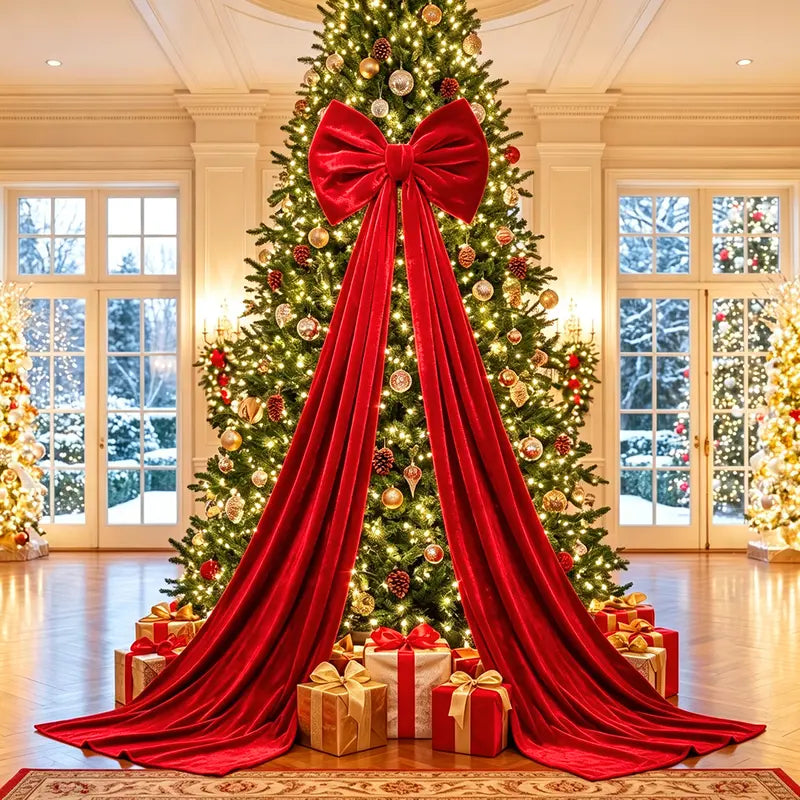Large Red Velvet Bow With Long Hanging Tails