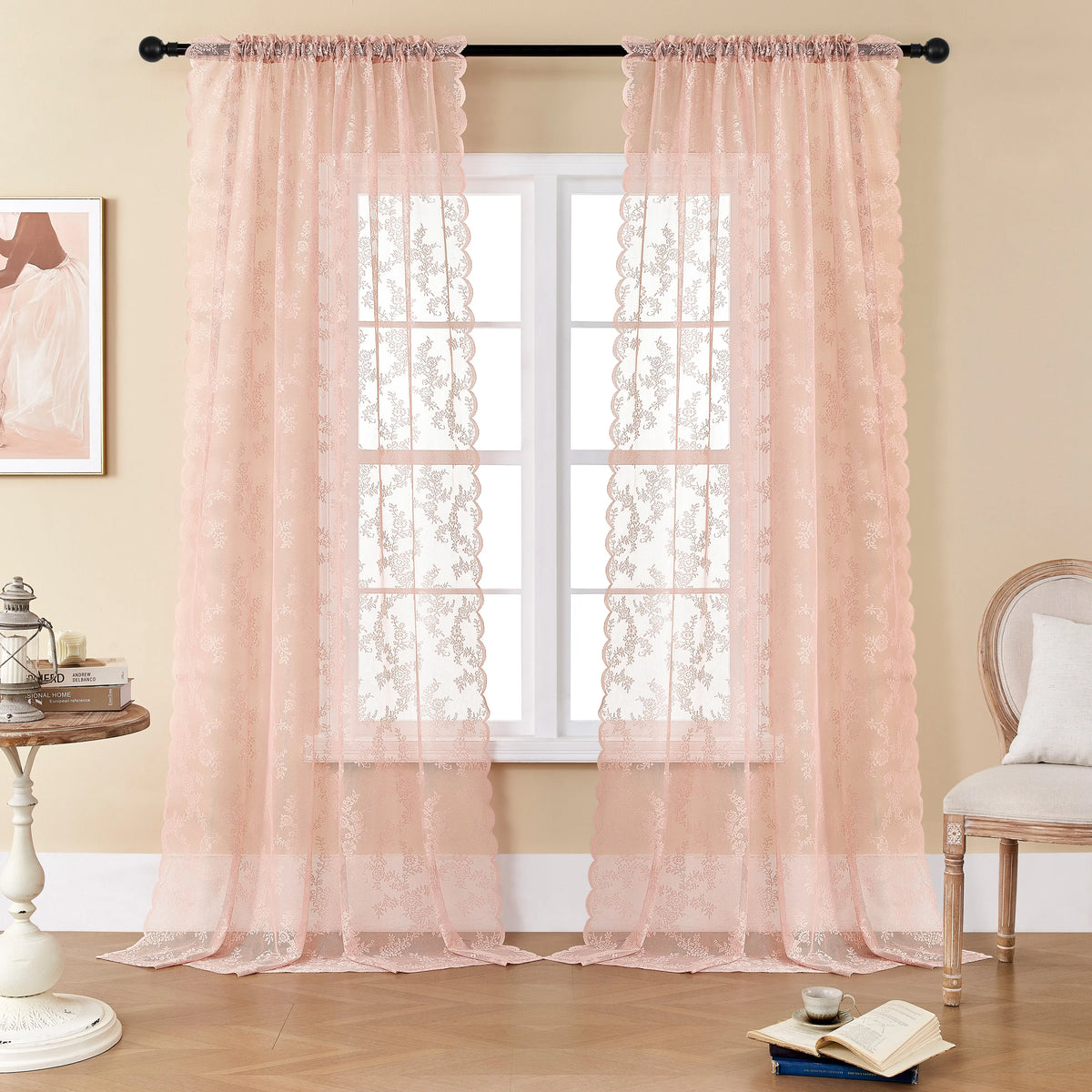 Blush Pink Sheer Lace Rod Pocket Curtain Panels