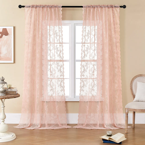 Blush Pink Sheer Lace Rod Pocket Curtain Panels