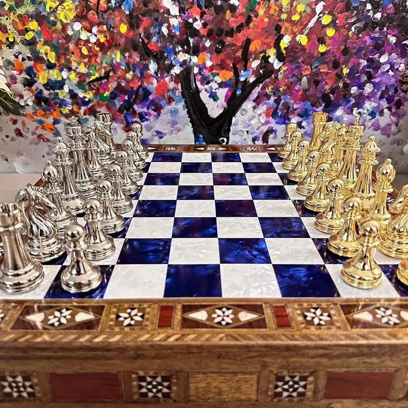 Wooden Chess Set with Inlaid Border and Metal Pieces