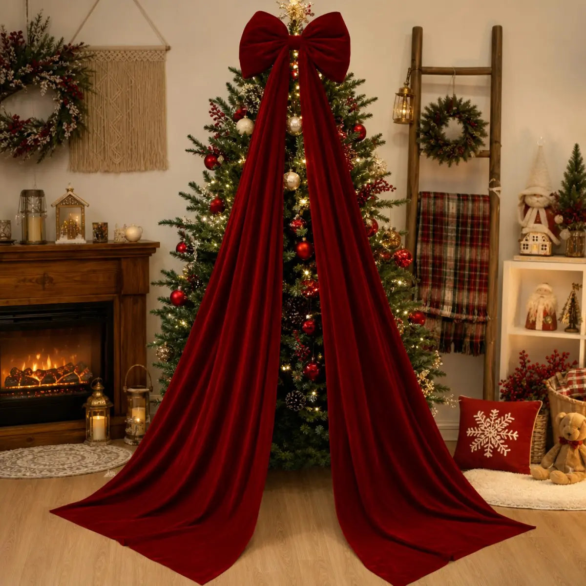 Giant Red Velvet Bow with Long Hanging Streamers