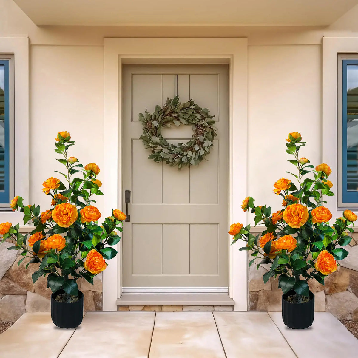 Potted Artificial Rose Shrubs with Orange Blooms