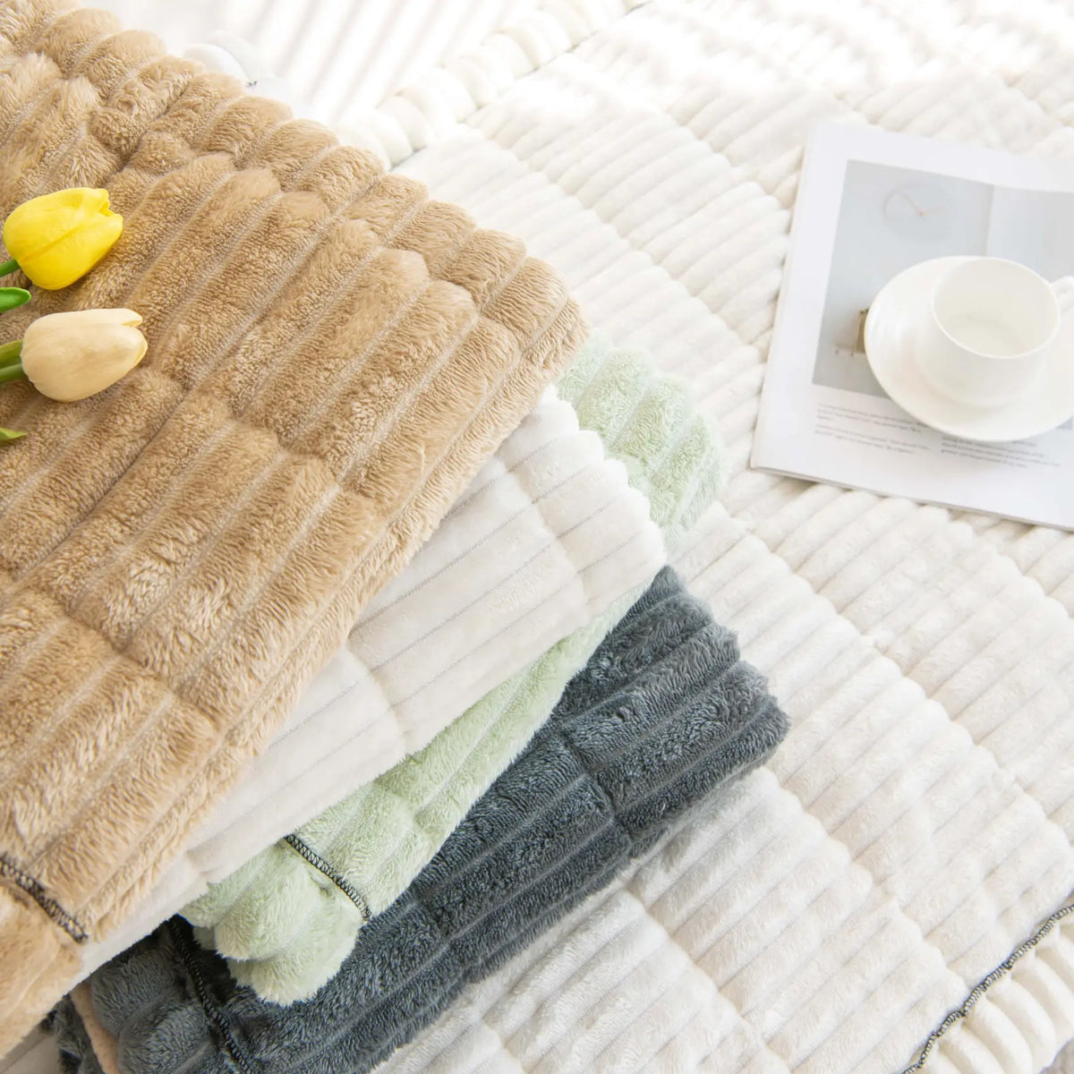 Grey Ribbed Plush Sofa Cover Mat