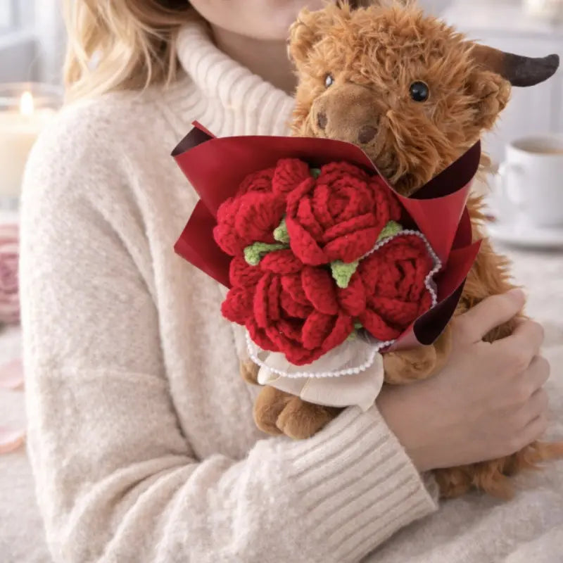 Plush Highland Cow Toy with Red Crochet Roses