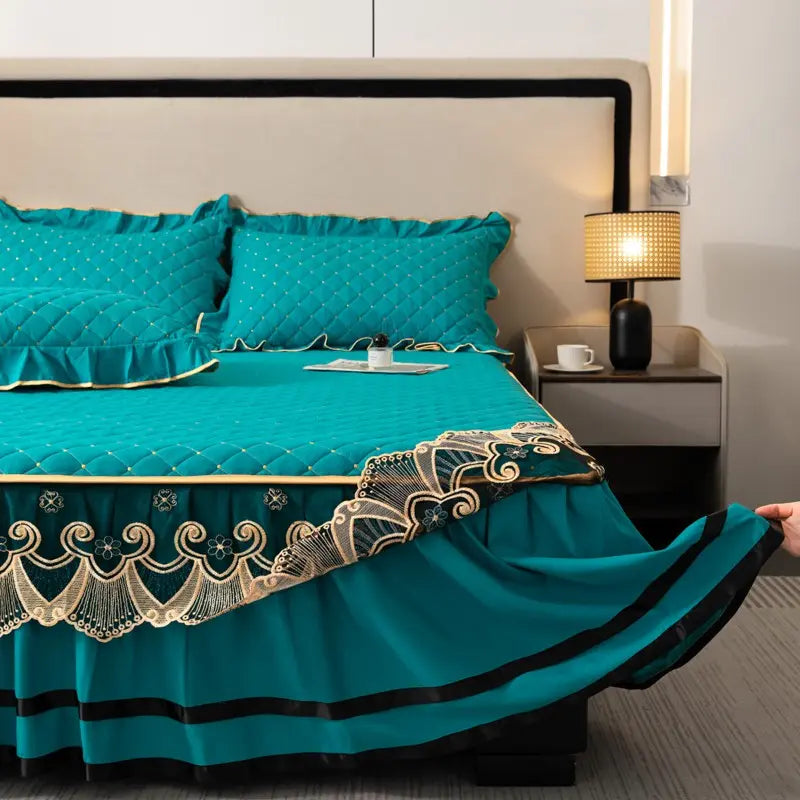 Blue Quilted Bedskirt Set with Lace Trim