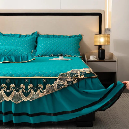 Blue Quilted Bedskirt Set with Lace Trim