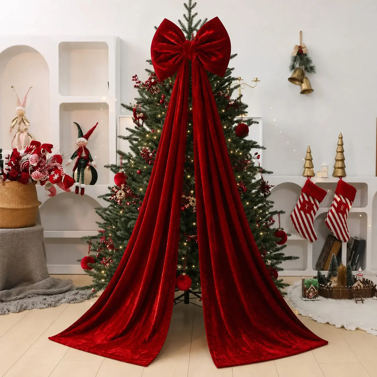Large Red Velvet Bow With Long Hanging Tails