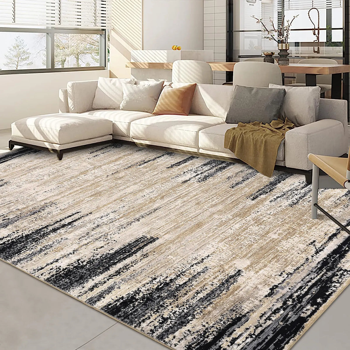 Beige and Black Abstract Streaked Area Rug