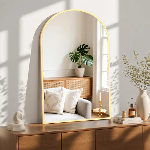 Arched Wall Mirror with Thin Gold Metal Frame