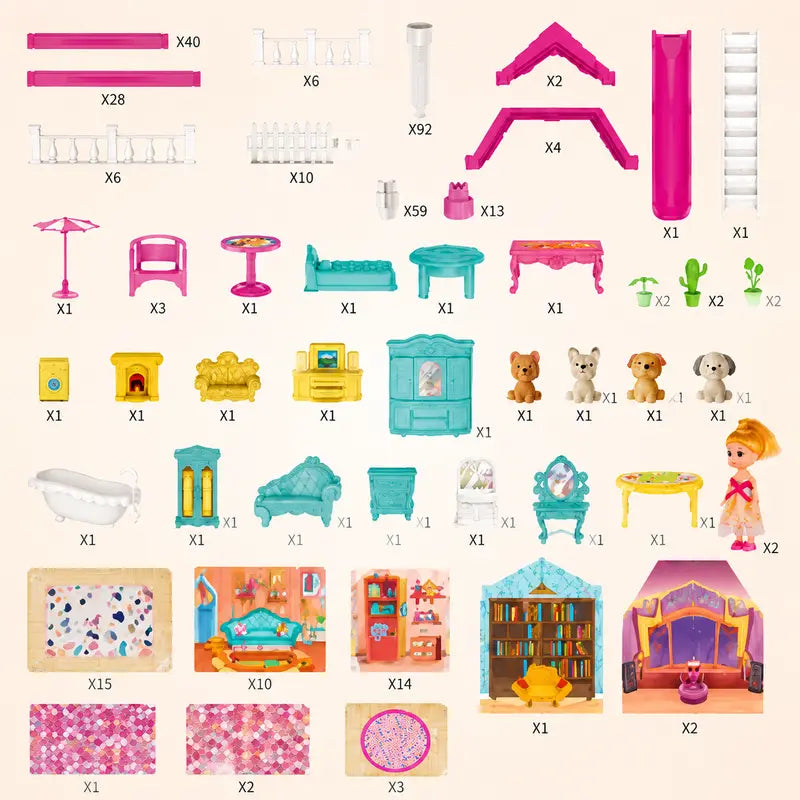 Multi-Storey Pink Dollhouse Playset with Furniture