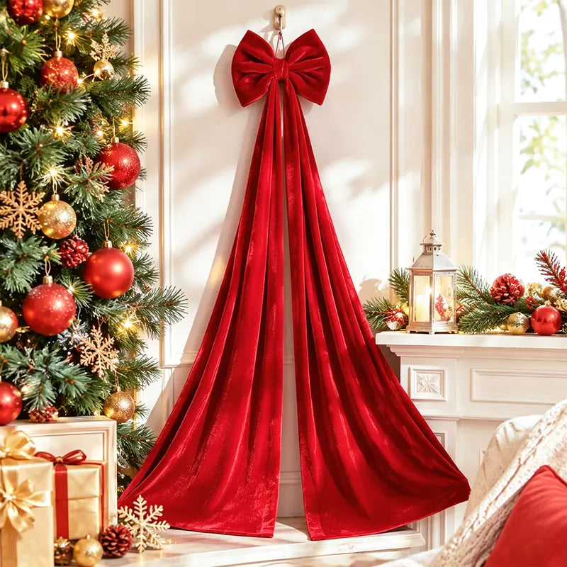 Large Red Velvet Bow With Long Hanging Tails