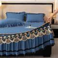 Blue Quilted Bedskirt Set with Lace Trim