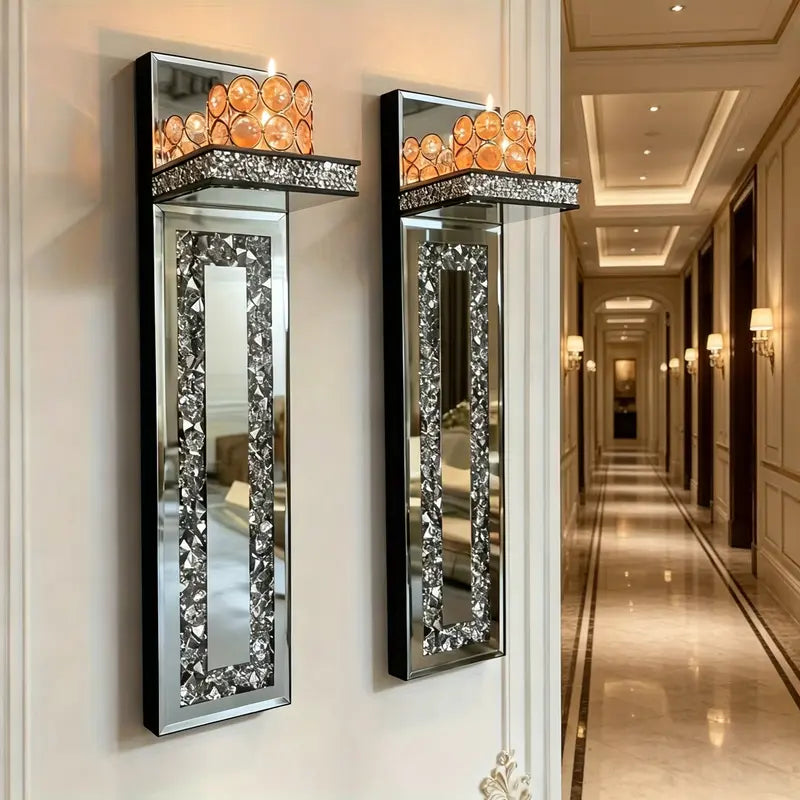 Mirrored Wall Candle Sconces with Crystal Frame