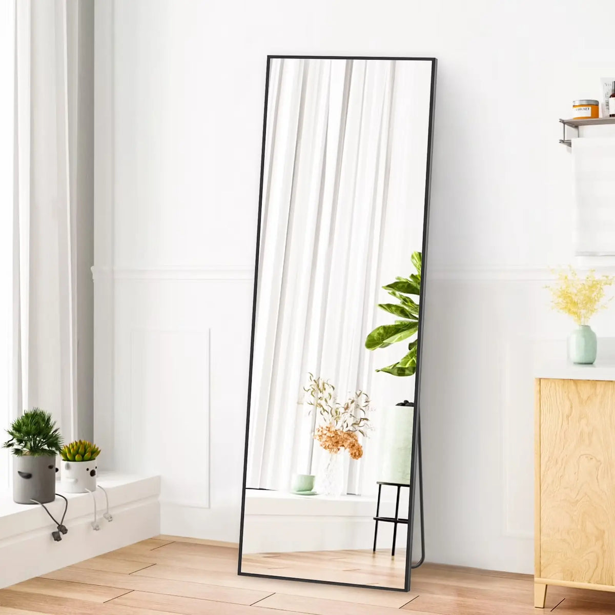 Tall Rectangular Floor Mirror With Slim Black Frame