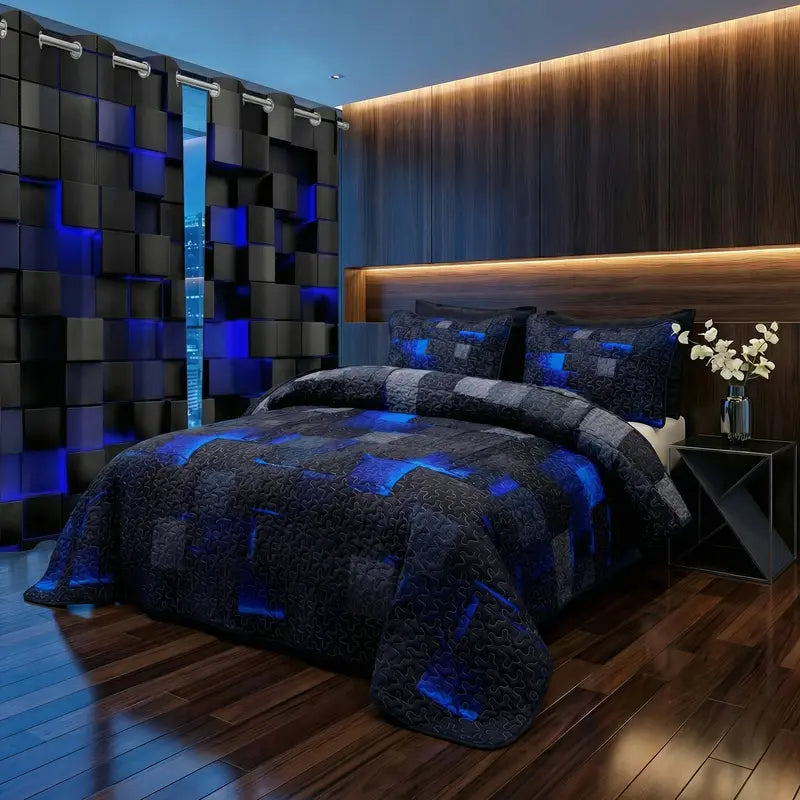Blue and Black Grid Print Quilted Bedspread Set