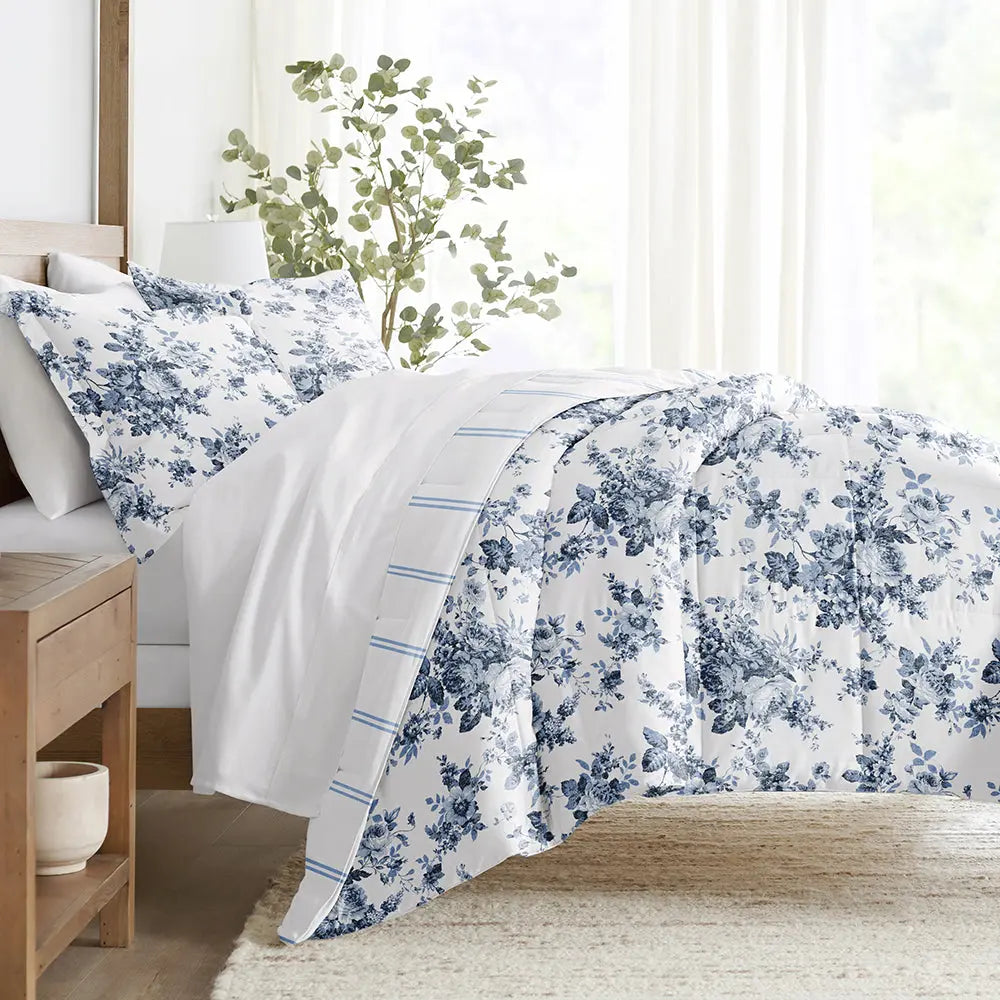 Blue and White Floral Reversible Comforter Set