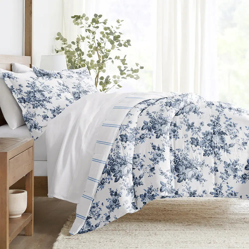 Blue and White Floral Reversible Comforter Set