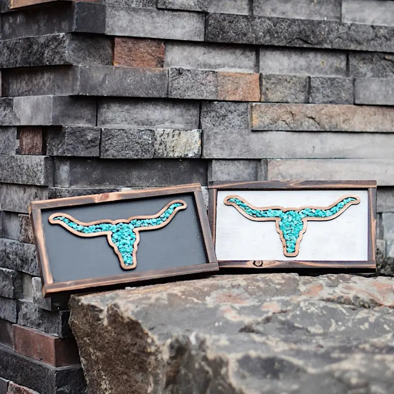Framed Wooden Longhorn Skull Wall Plaque with Turquoise