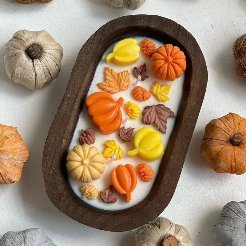 Oval Wooden Bowl Candle with Autumn Wax Shapes