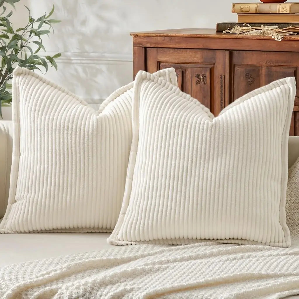 Cream Corduroy Square Pillow Covers, Set of Two