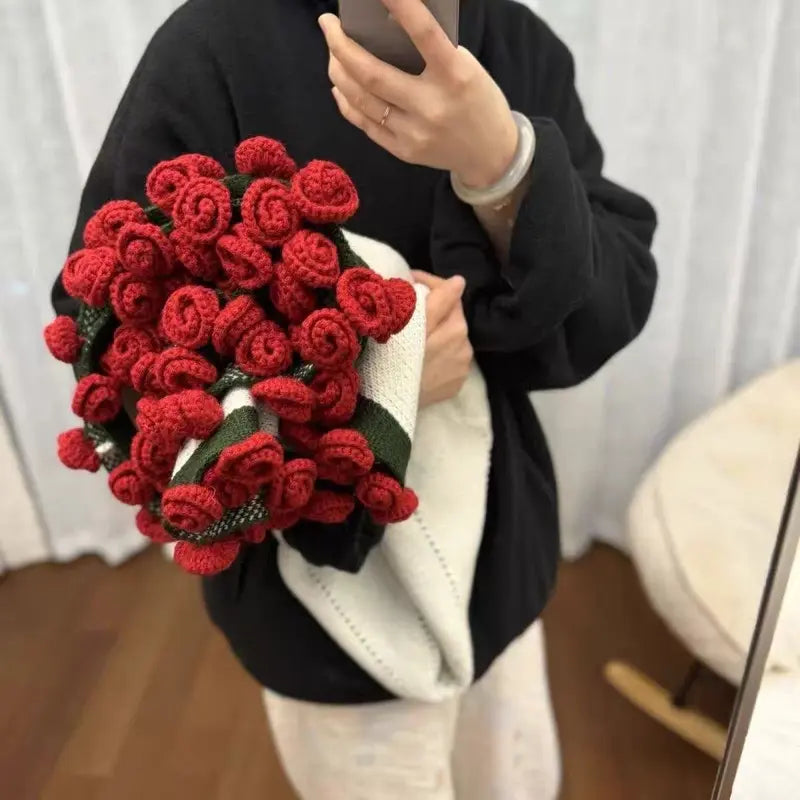 Handmade Red Crochet Rose Bouquet