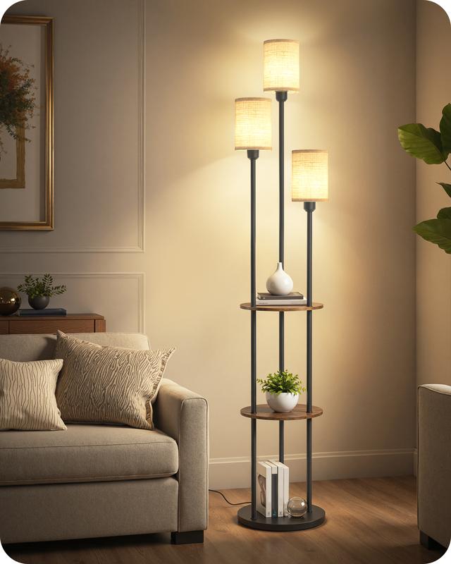 Three-Shade Floor Lamp with Round Wood Shelves