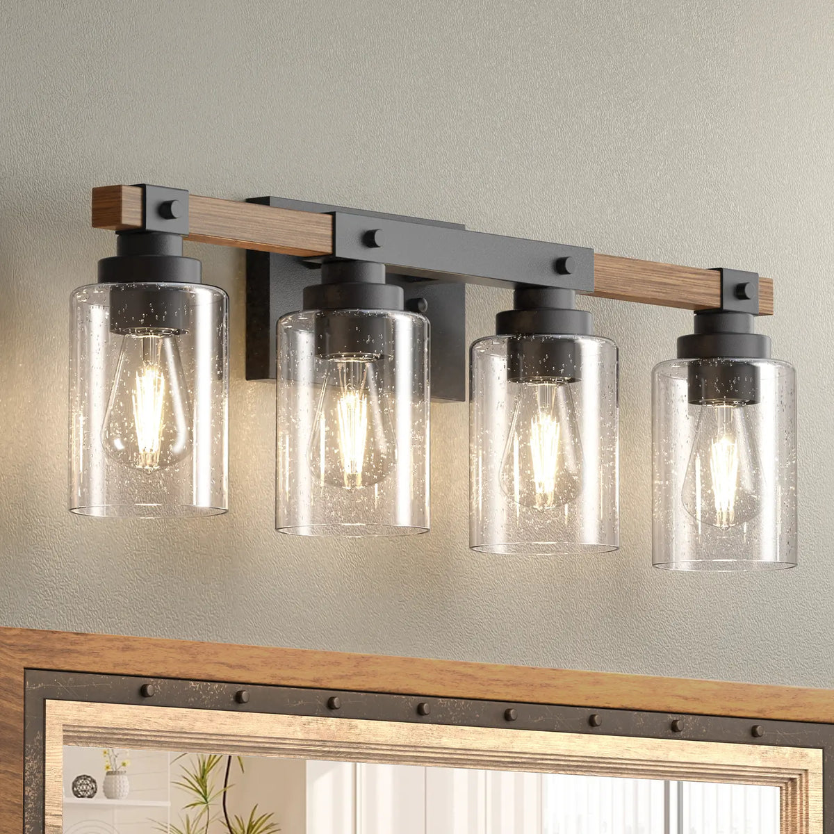 Four-Light Wood and Black Metal Vanity Fixture