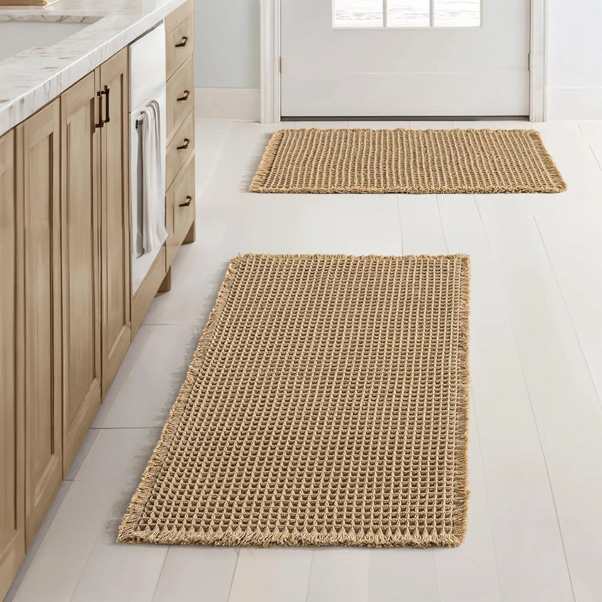 Tan Waffle-Weave Bath Mats with Fringed Edges