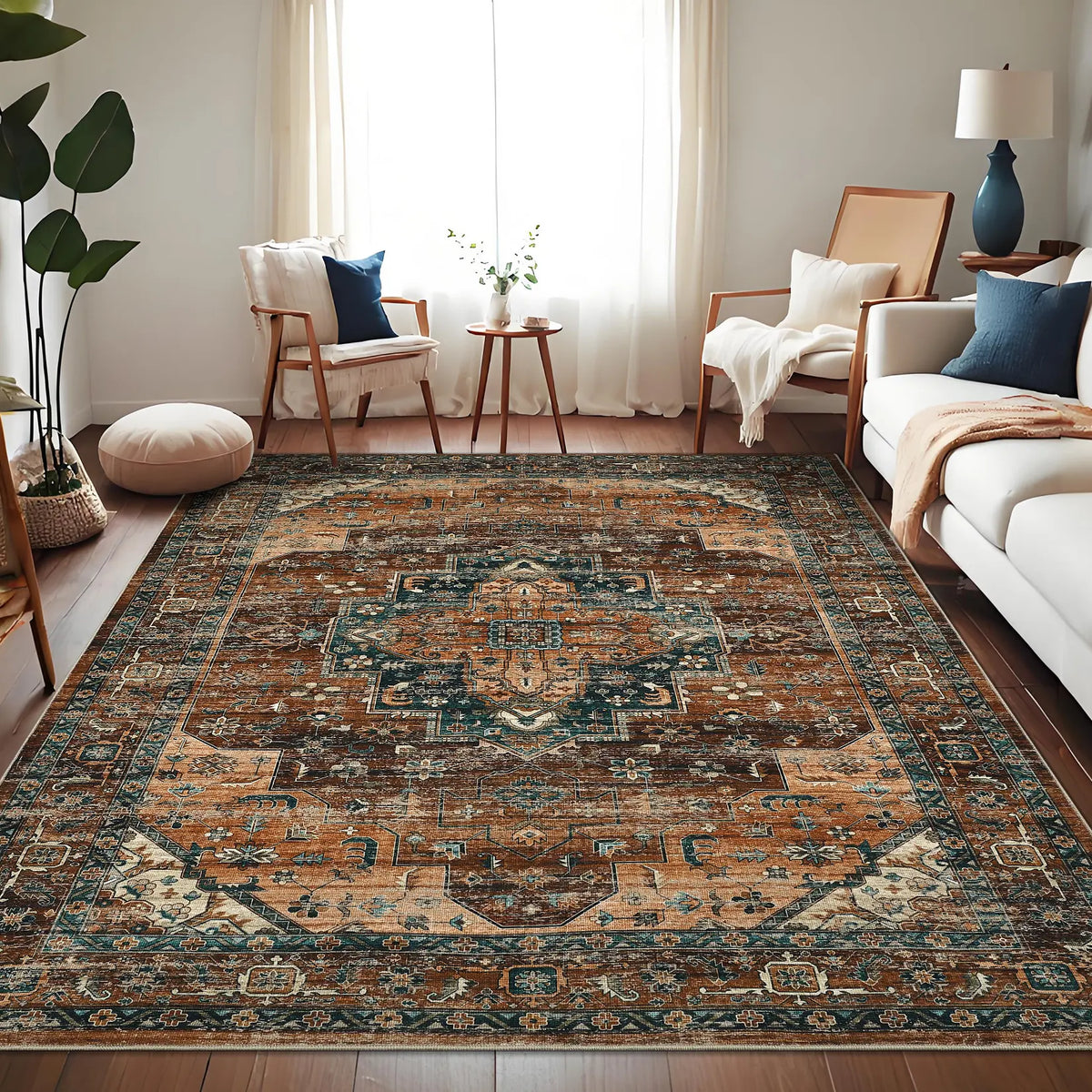 Vintage Style Medallion Area Rug in Rust