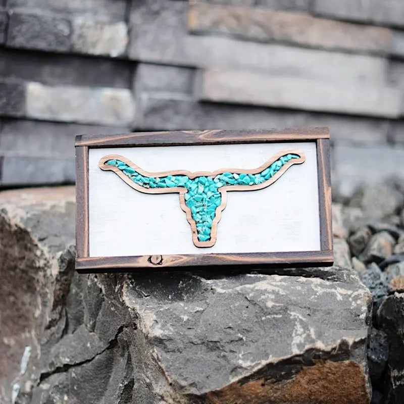 Framed Wooden Longhorn Skull Wall Plaque with Turquoise