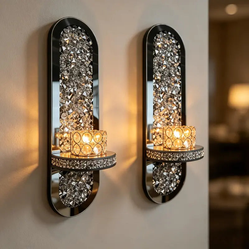 Mirrored Wall Candle Sconces with Crystal Frame