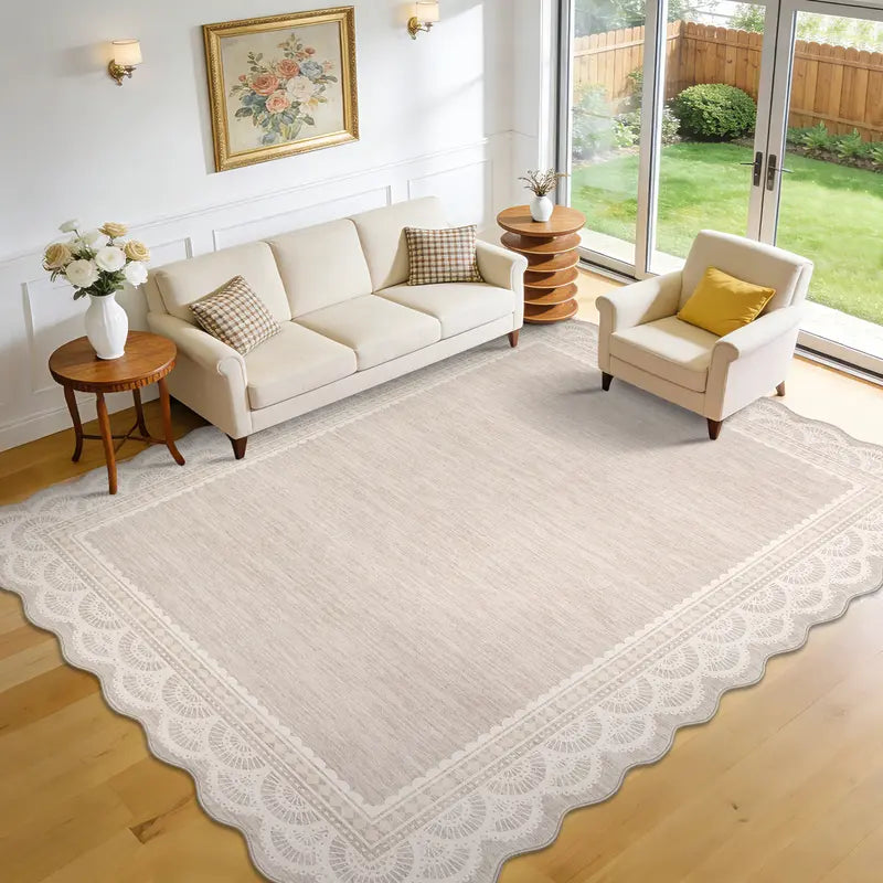Beige Area Rug with Scalloped Lace Border