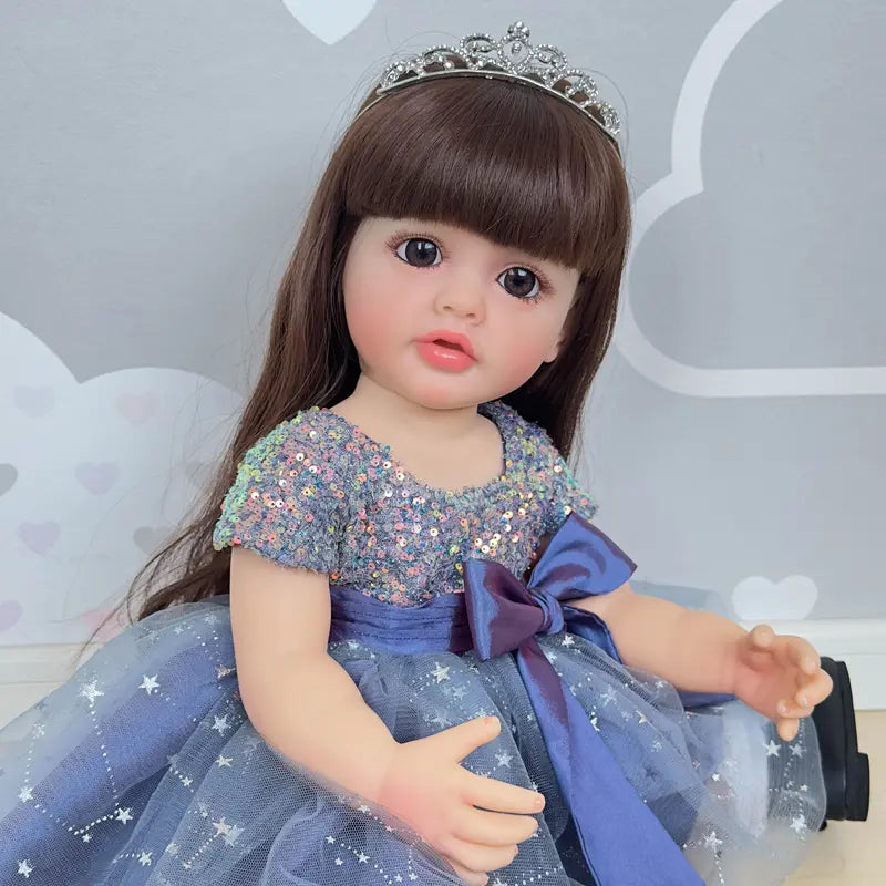 Long-Haired Doll in Blue Sequin Tulle Dress