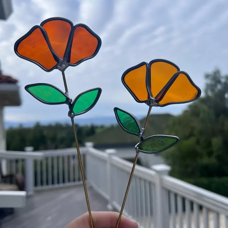 Orange Stained Glass Flower Garden Stake