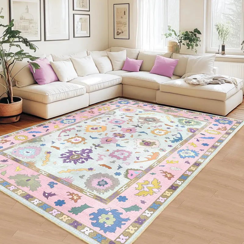 Lavender Floral Area Rug with Pale Border
